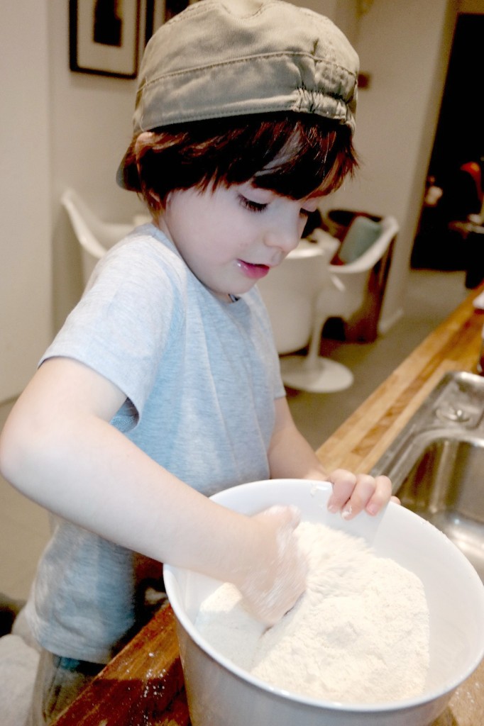 mixing the flour and salt to make salt dough