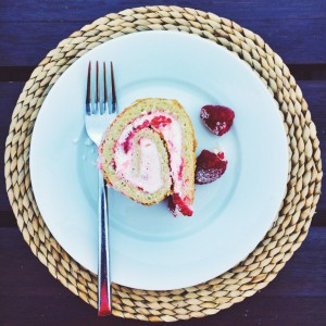 a slice of raspberry swiss roll
